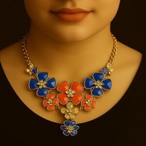 Polished Gold Colorful Flower Sparkle Crystal Necklace Statement Floral Jewelry